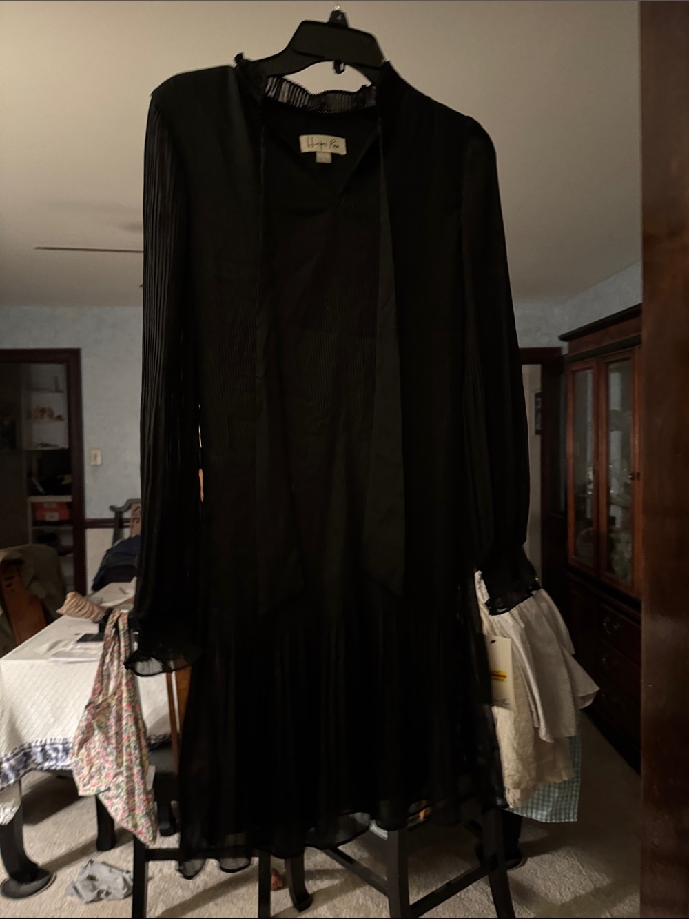 HARPER ROSE Long-Sleeve Black Pleated Chiffon Dress with Tie Neck